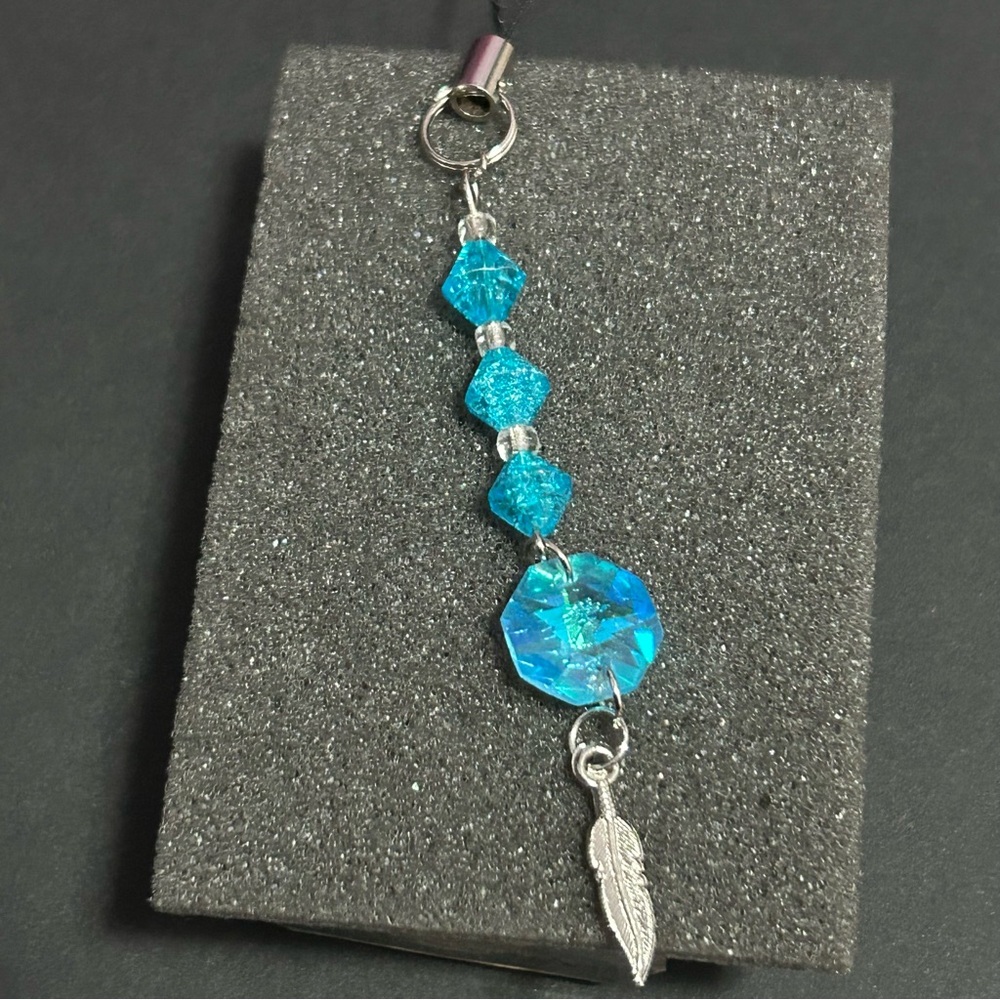 Silver Feather & Blue Crystal & Glass  Pendant, Keychain, Bag or Cellphone Charm